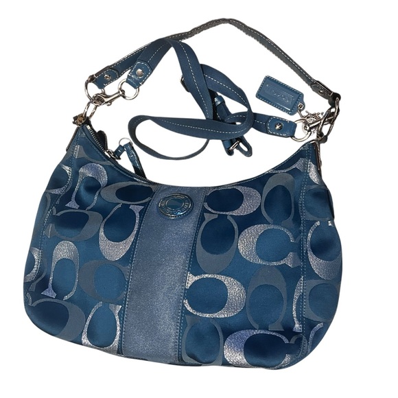 Coach Handbags - COACH F20428 Signature Handbag Teal Green Silver Jacquard Women Vintage